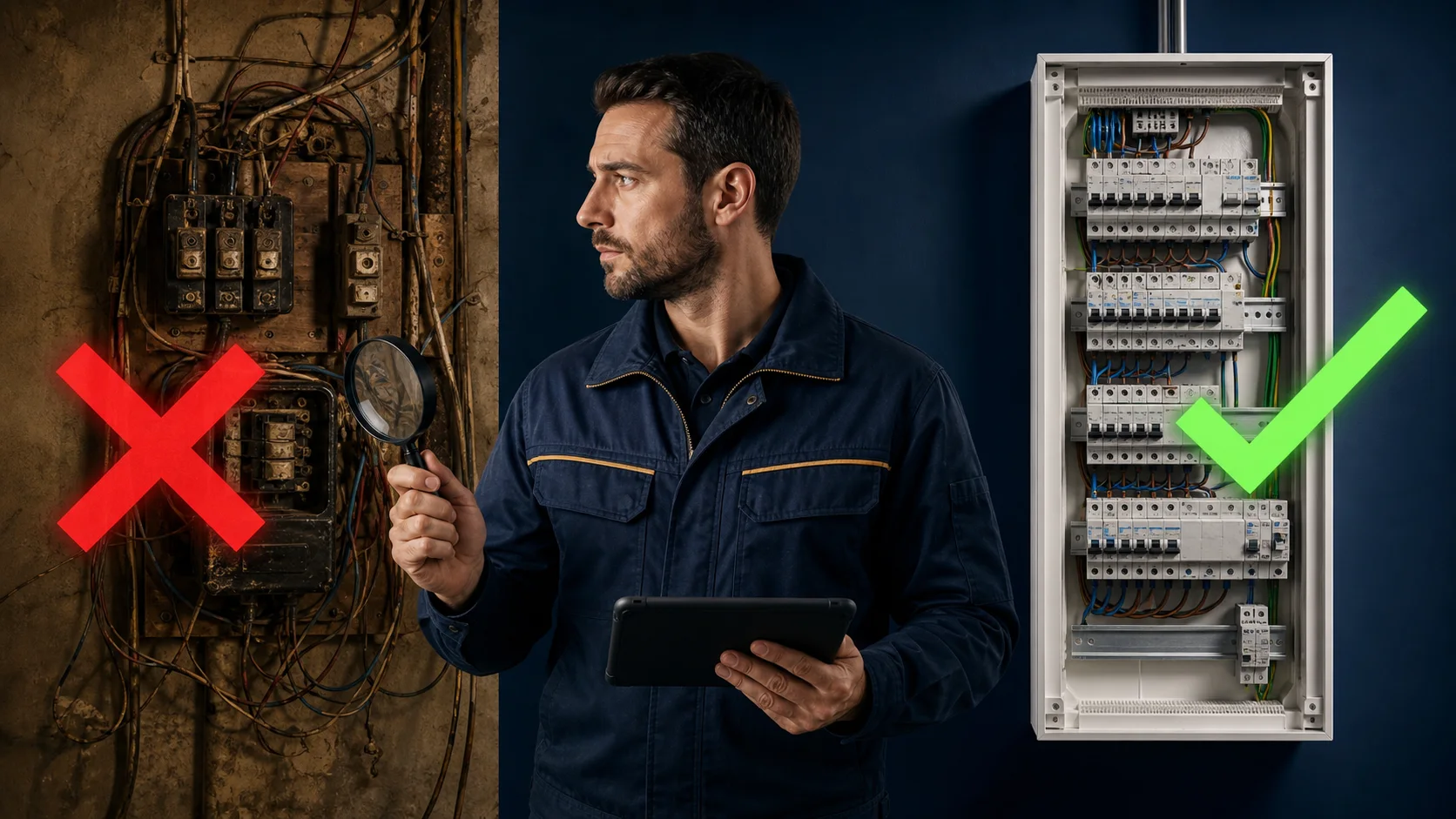 Comparaison entre un ancien tableau dangereux et un tableau électrique récent contrôlé par un professionnel
