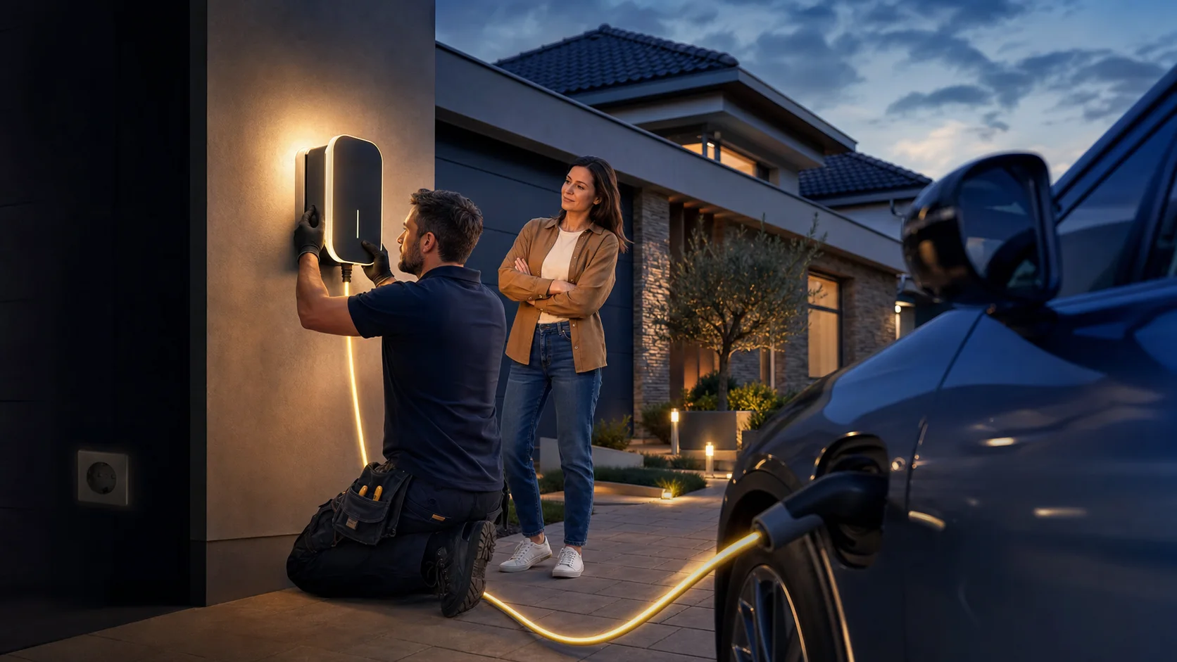Installation d’une borne de recharge reliée à une voiture électrique devant une maison