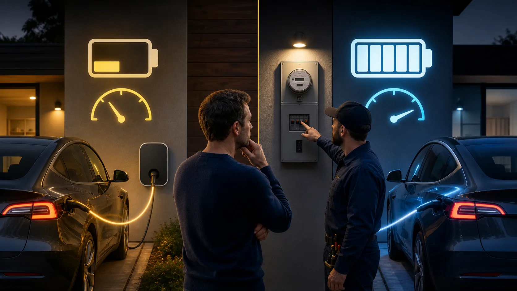 Comparaison visuelle de deux puissances de recharge devant une maison équipée de véhicules électriques
