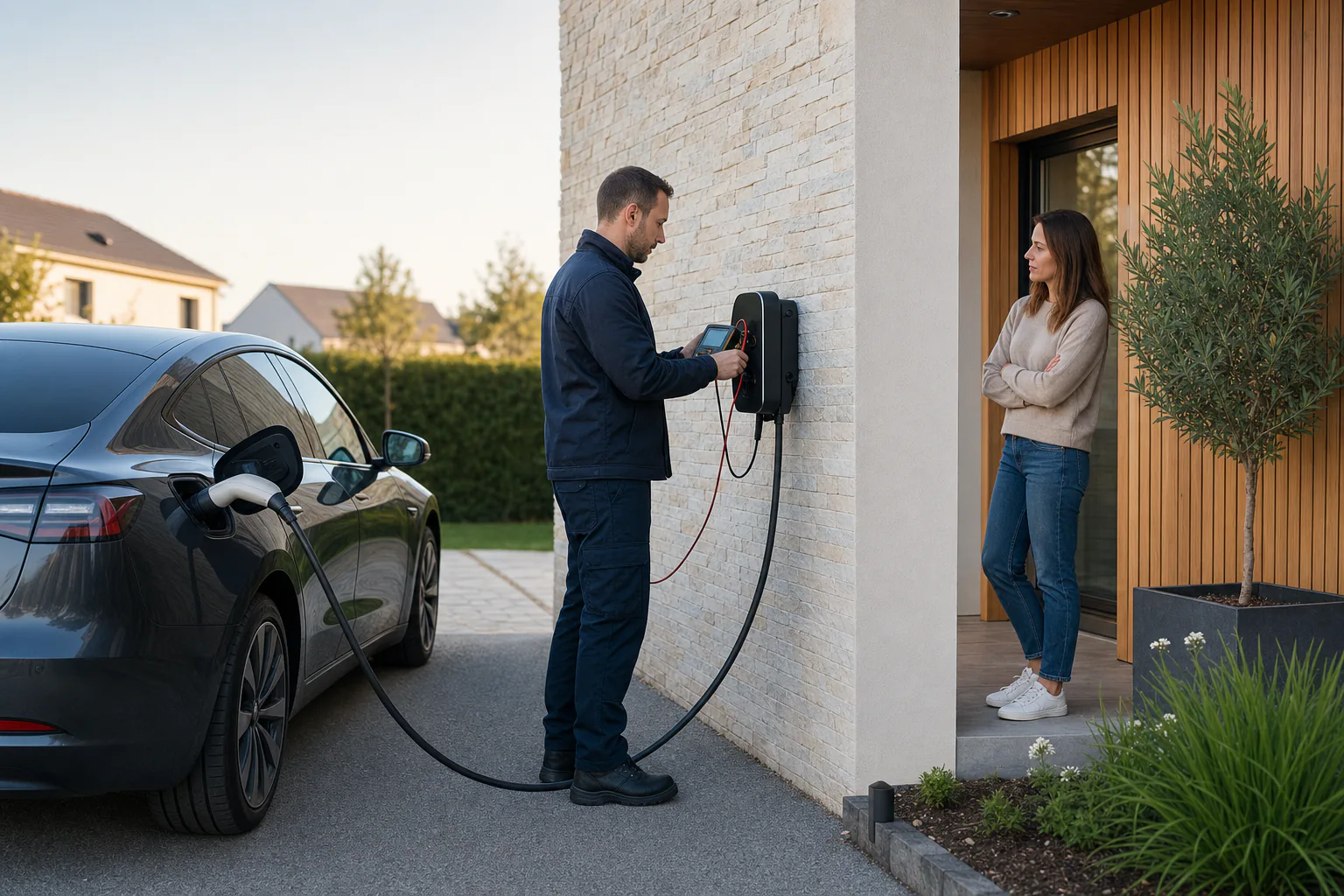 Un électricien vérifie une borne de recharge devant une maison