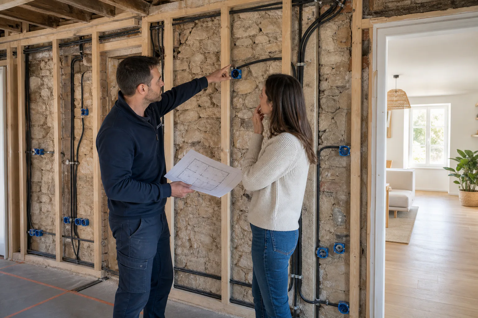 Une propriétaire échange avec un électricien pendant sa rénovation