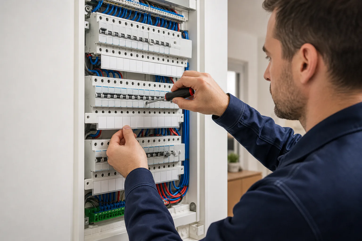 Un électricien contrôle le tableau électrique d’une maison