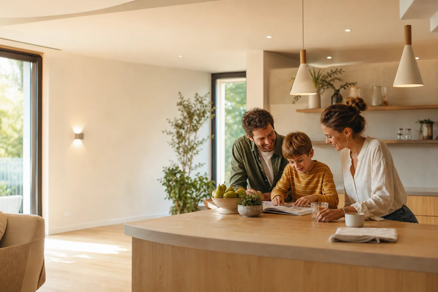 Une famille réunie dans une maison lumineuse et chaleureuse