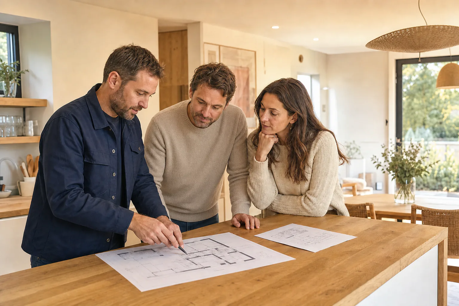 Un électricien explique le projet aux propriétaires autour des plans de leur maison
